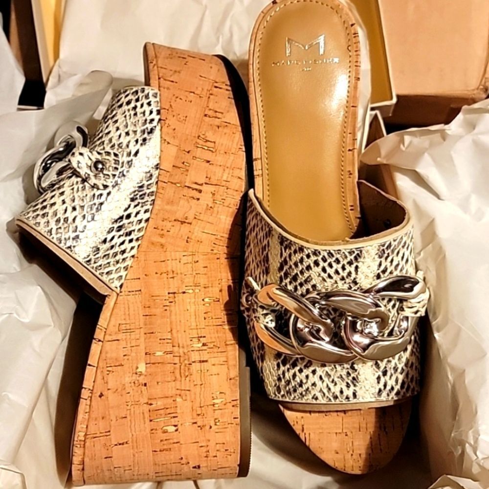 NWT Marc Fisher Ltd Leather Veneda platform slide sandals in Roccia Lea…